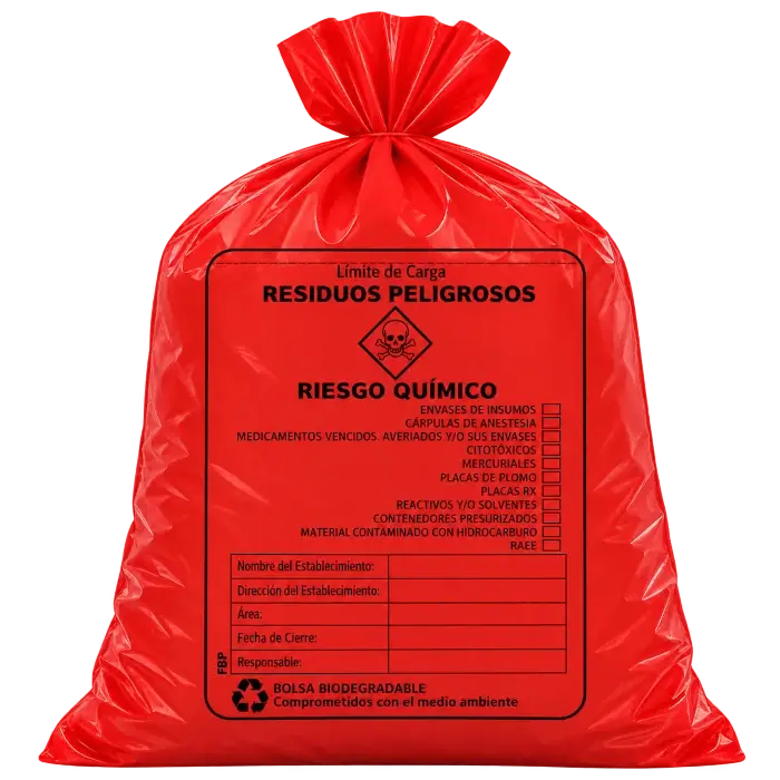 Bolsa roja para residuos químicos peligrosos con impresión de identificación