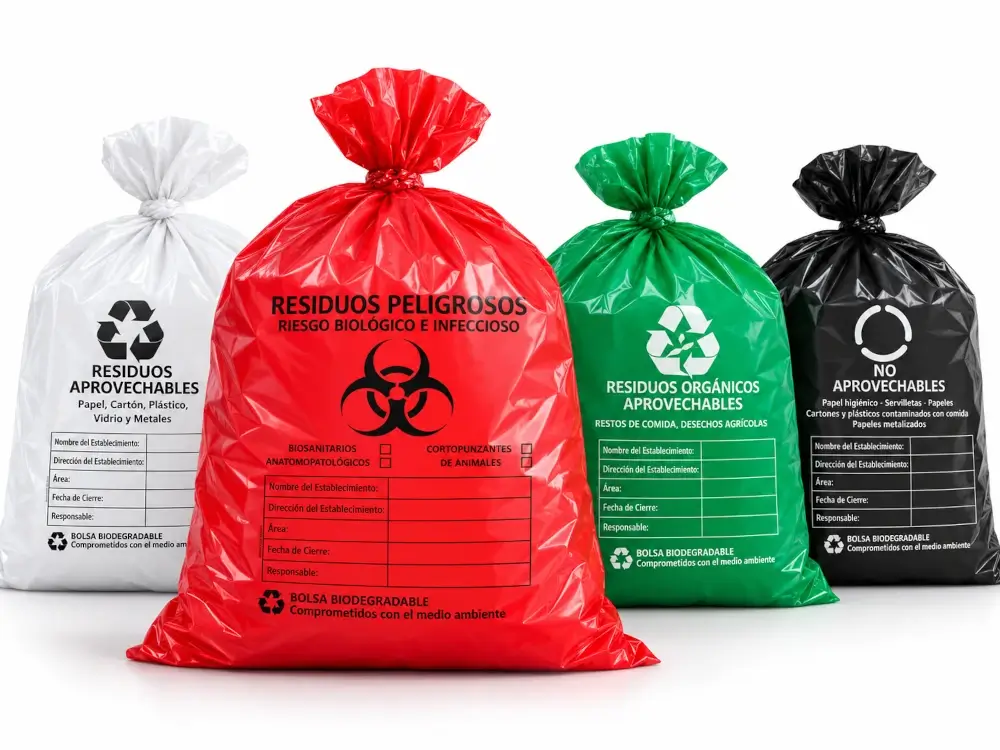 Bolsas para residuos hospitalarios en rojo, blanco, verde y negro